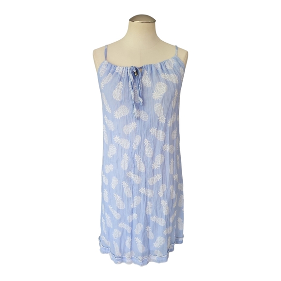 India Boutique Blue White Pineapple Print Pleated Sundress One Size - Picture 1 of 6